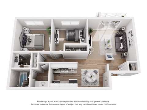 A 3D floor plan of a house with a kitchen, living room, and bedrooms.